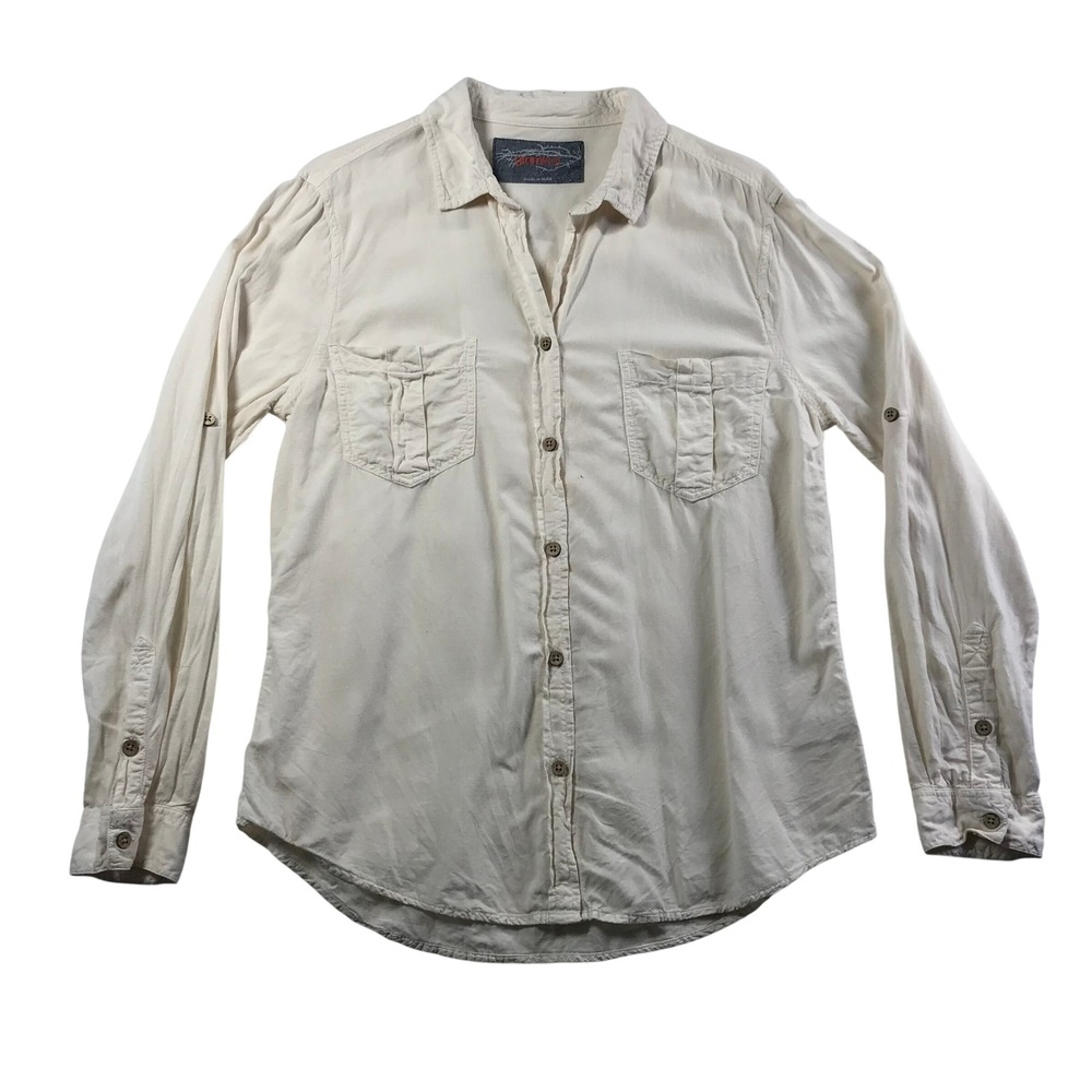 Gramicci Mens Long Sleeve Button‎ Down Utility Shirt Cream Cotton Tencel Blend
